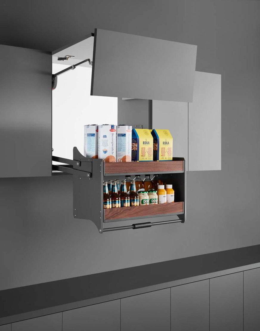 Modern kitchen design featuring hanging cabinets with innovative access solutions